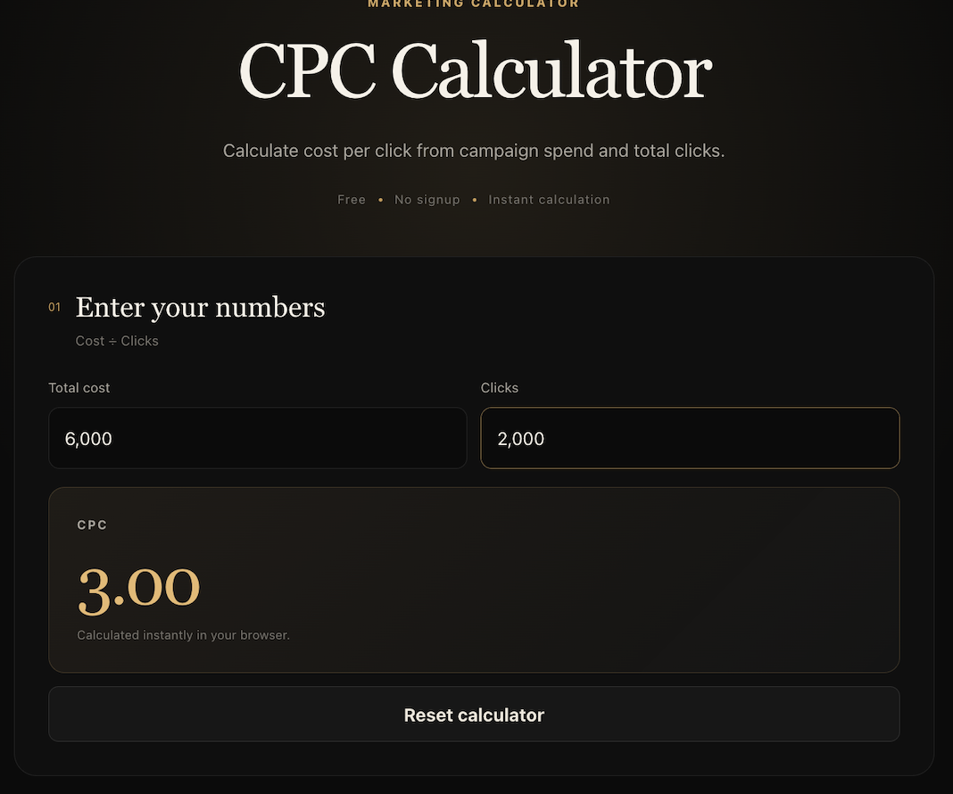ViralTranscript CPC Calculator showing an example cost per click calculation