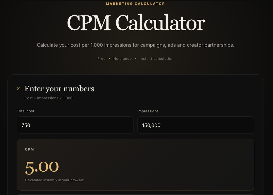 ViralTranscript CPM Calculator showing campaign cost and impressions