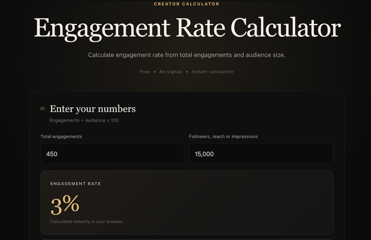 ViralTranscript Engagement Rate Calculator showing an example calculation