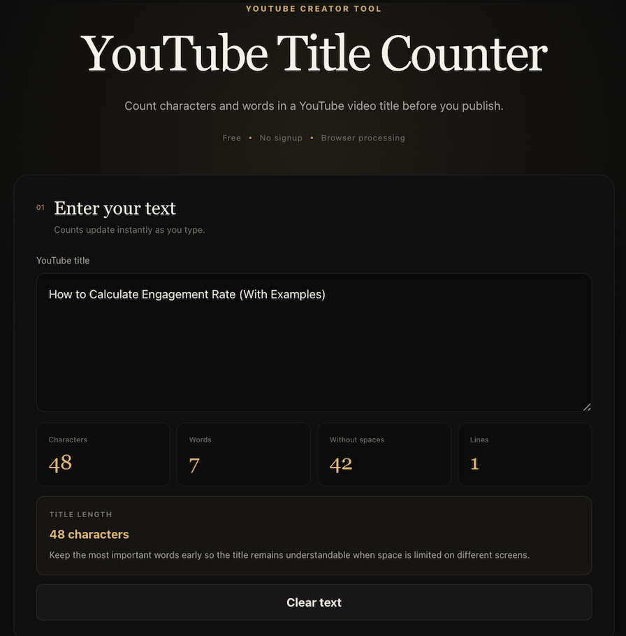 ViralTranscript YouTube Title Counter showing live character and word counts